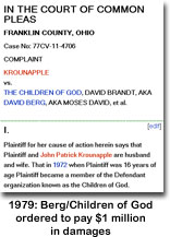 Children of God / David Berg ordered to pay $1 million in damages. 