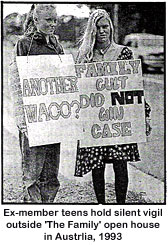 Ex-member teens hold silent vigil outside The Family open house in Australia, 1993. 